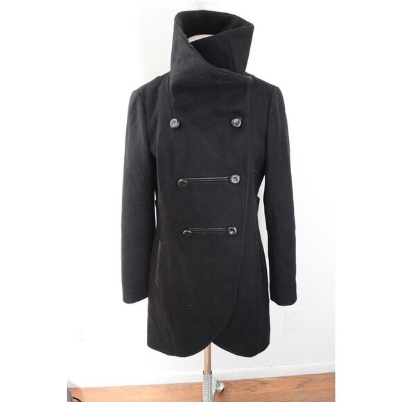 Mackage Coat Womens Medium Wool Blend Double Breasted Collar Black Lether Button - Picture 2 of 9